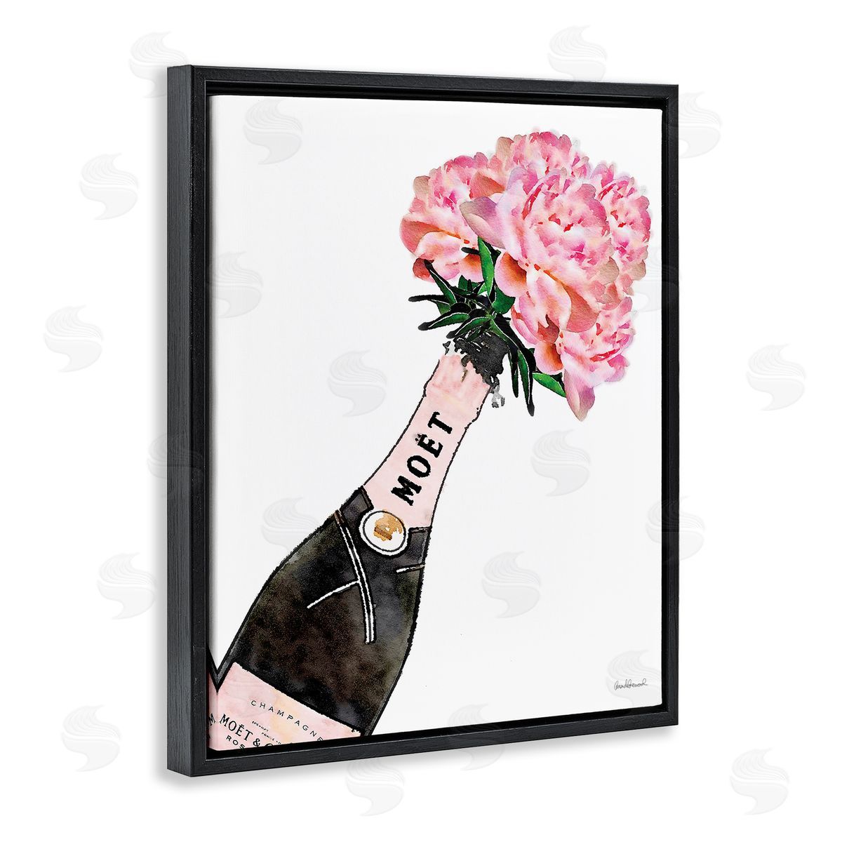 Pink Champagne Bouquet Black Floating Frame Canvas Wall Art, Home Decor by Amanda Greenwood