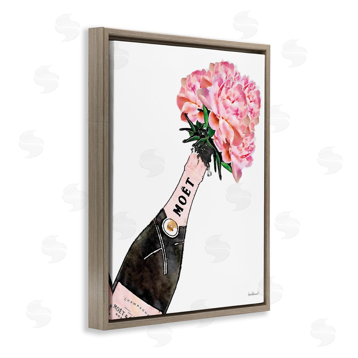 Pink Champagne Bouquet Brown Floating Frame Canvas Wall Art, Home Decor by Amanda Greenwood