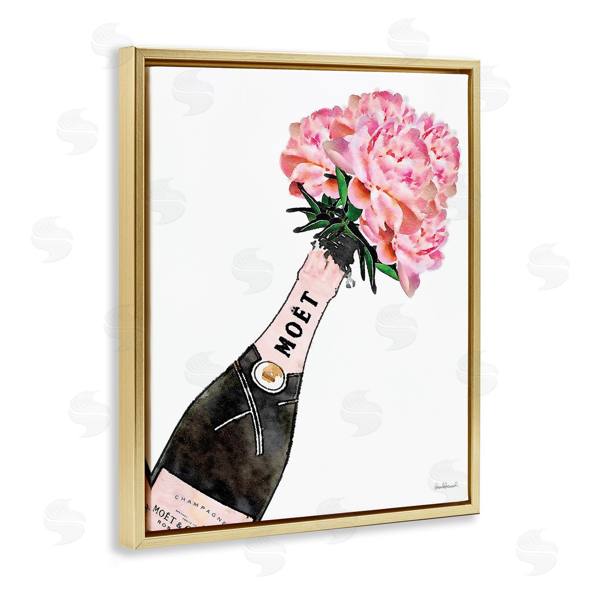 Pink Champagne Bouquet Gold Floating Frame Canvas Wall Art, Home Decor by Amanda Greenwood