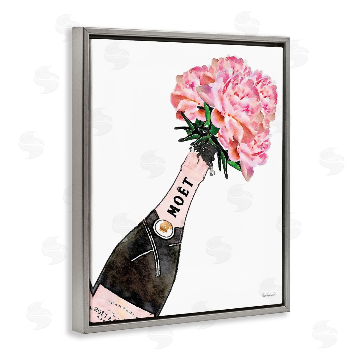 Pink Champagne Bouquet Grey Floating Frame Canvas Wall Art, Home Decor by Amanda Greenwood
