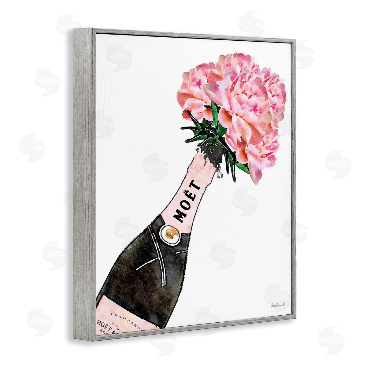 Pink Champagne Bouquet Grey Frame Print Wall Art, Home Decor by Amanda Greenwood