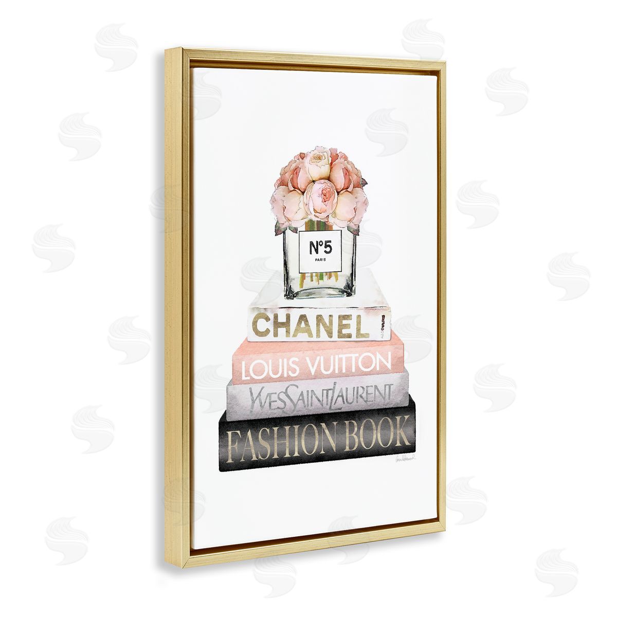Fashion Bookstack Peonies Gold Floating Frame Canvas Wall Art, Home Decor by Amanda Greenwood