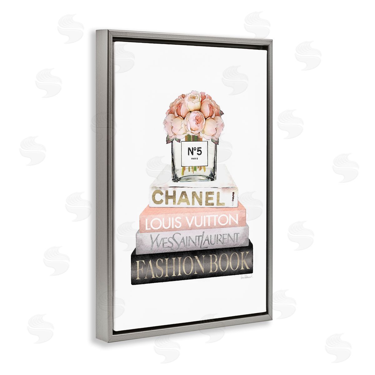 Fashion Bookstack Peonies Grey Floating Frame Canvas Wall Art, Home Decor by Amanda Greenwood