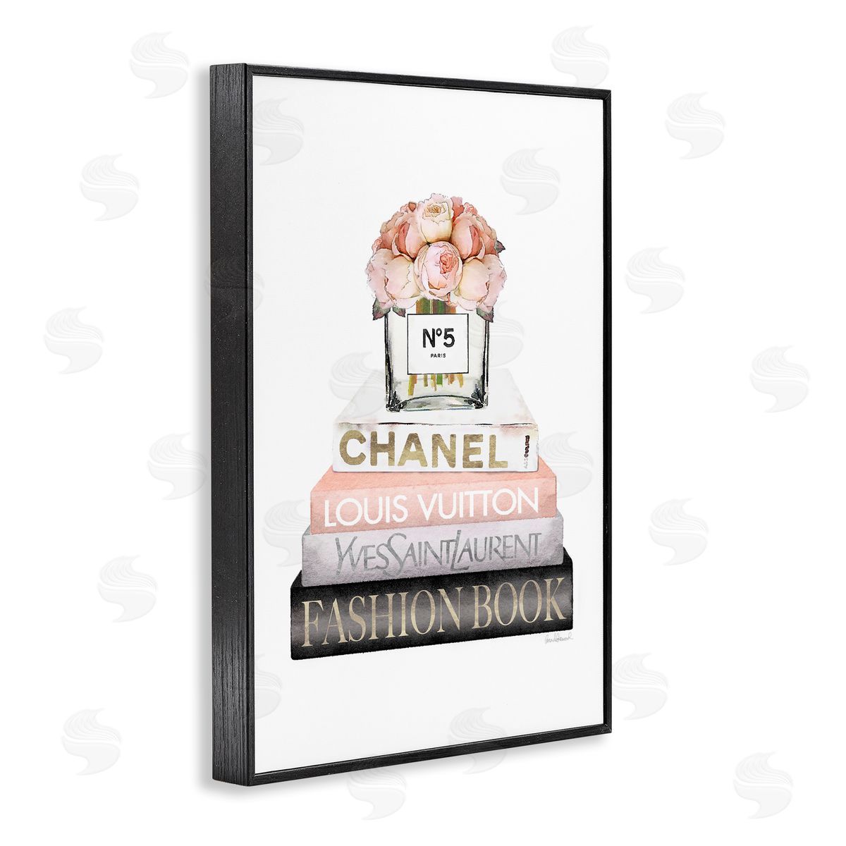 Fashion Bookstack Peonies Black Frame Print Wall Art, Home Decor by Amanda Greenwood