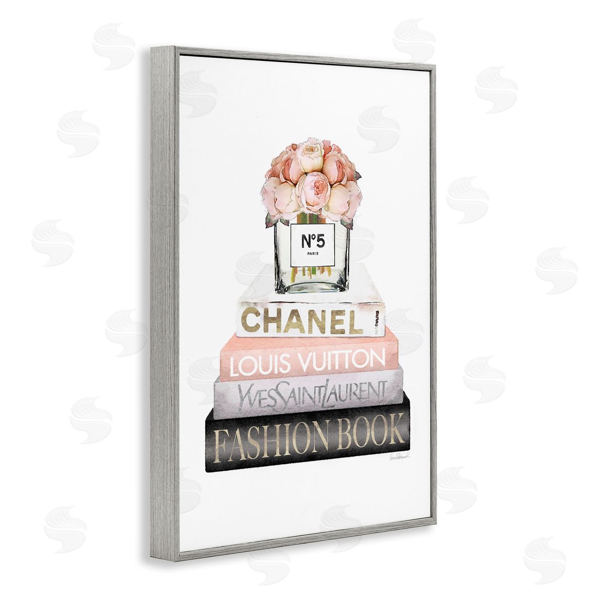 Fashion Bookstack Peonies Grey Frame Print Wall Art, Home Decor by Amanda Greenwood