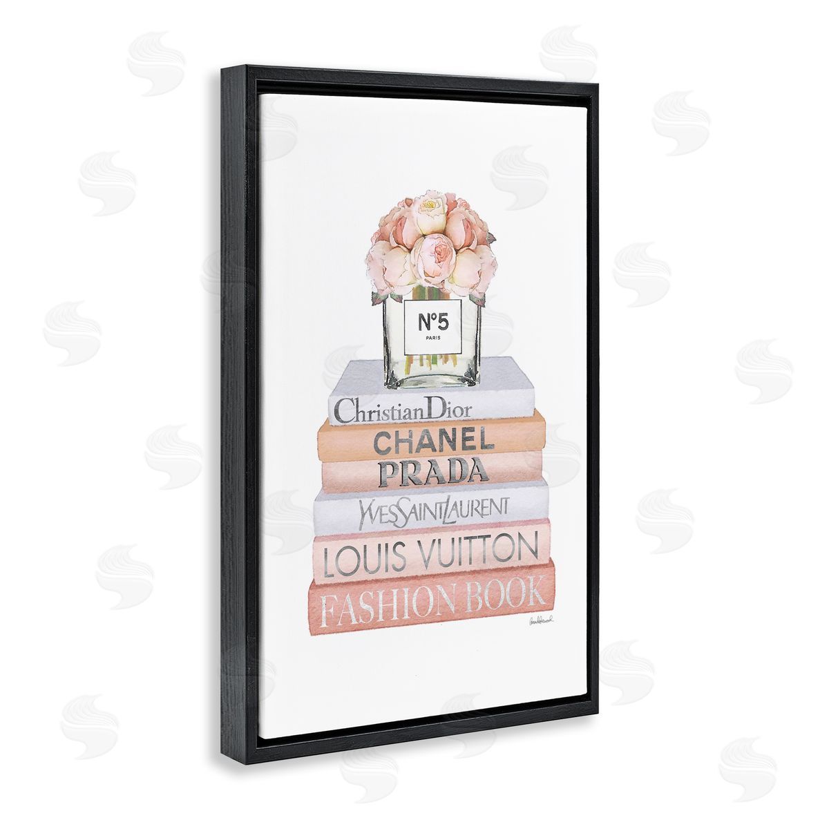 Glam Bookstack and Flowers Black Floating Frame Canvas Wall Art, Home Decor by Amanda Greenwood