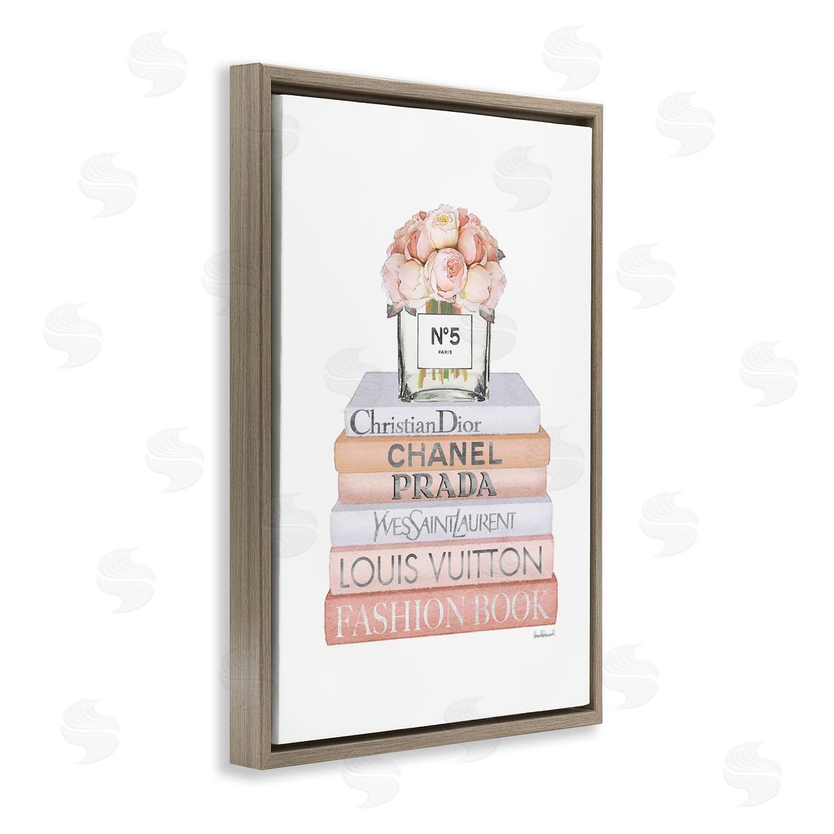 Glam Bookstack and Flowers Brown Floating Frame Canvas Wall Art, Home Decor by Amanda Greenwood