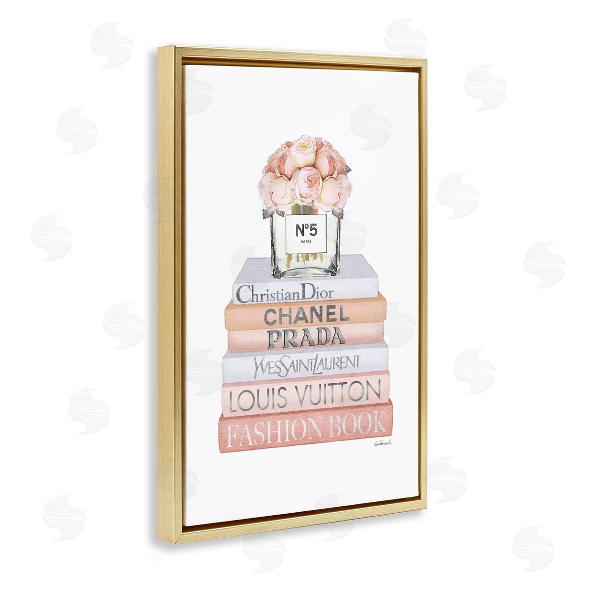 Glam Bookstack and Flowers Gold Floating Frame Canvas Wall Art, Home Decor by Amanda Greenwood