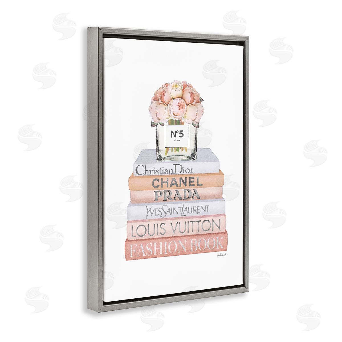 Glam Bookstack and Flowers Grey Floating Frame Canvas Wall Art, Home Decor by Amanda Greenwood