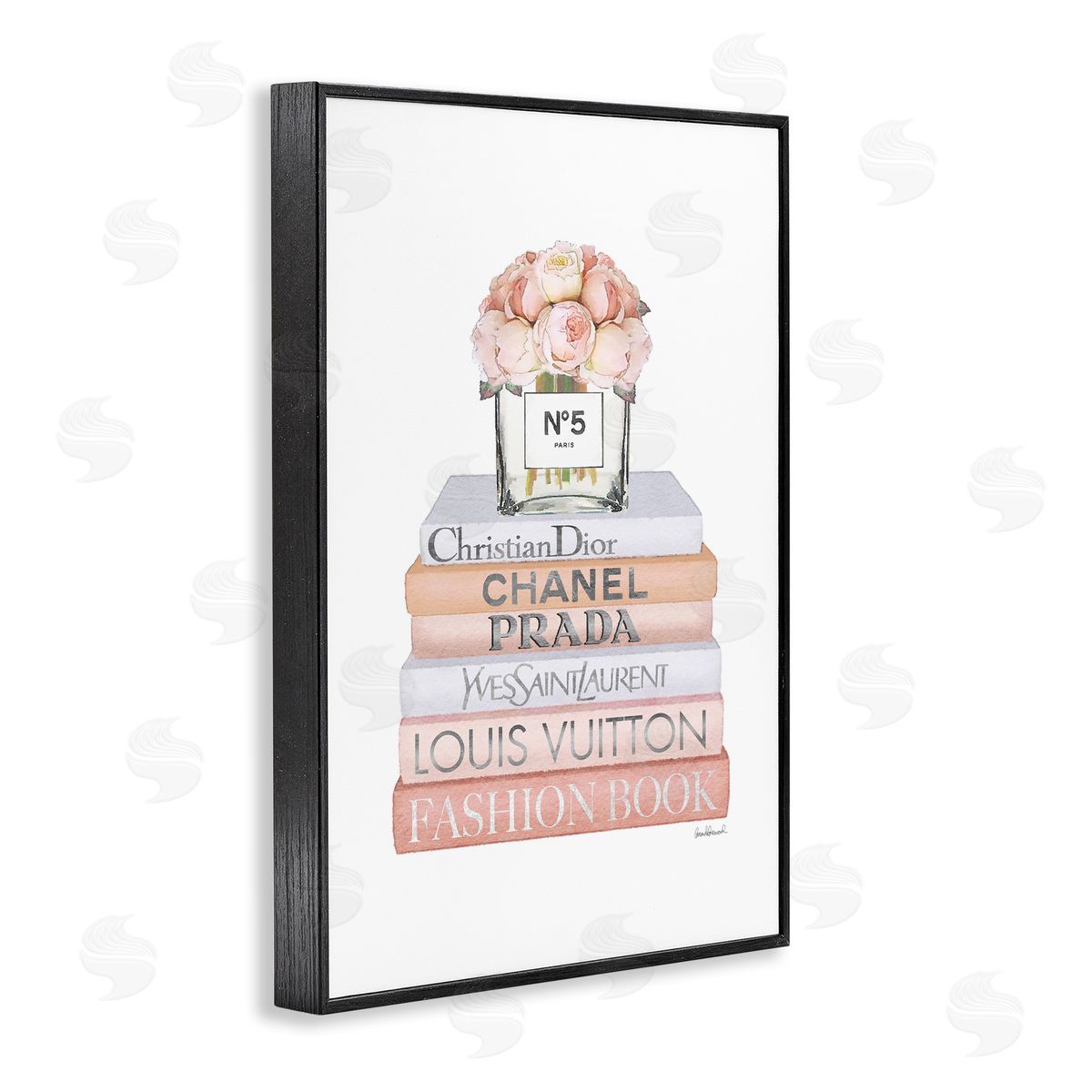 Glam Bookstack and Flowers Black Frame Print Wall Art, Home Decor by Amanda Greenwood