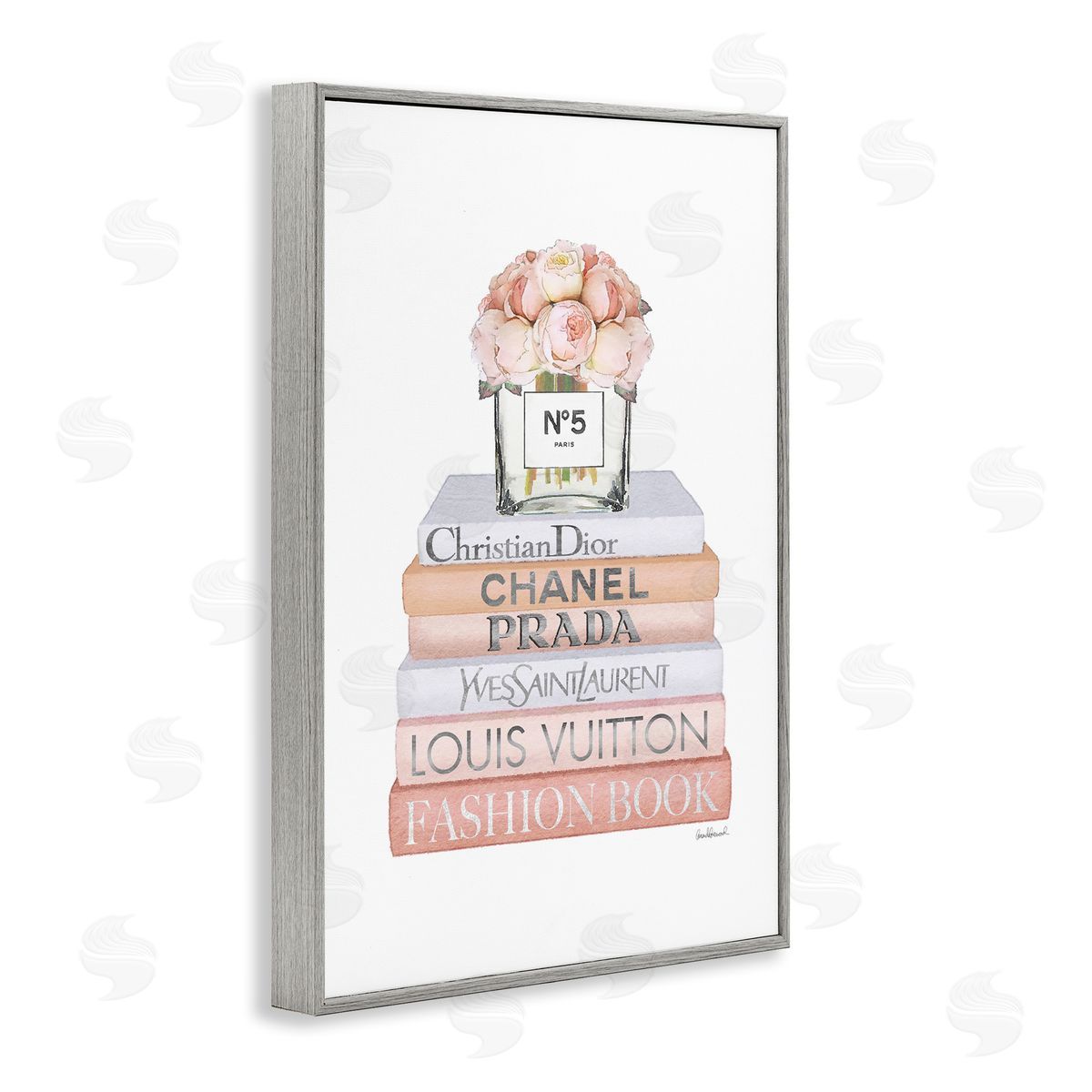 Glam Bookstack and Flowers Grey Frame Print Wall Art, Home Decor by Amanda Greenwood