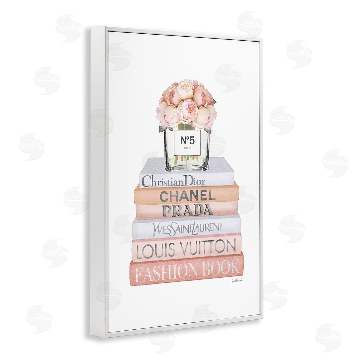 Glam Bookstack and Flowers White Frame Print Wall Art, Home Decor by Amanda Greenwood