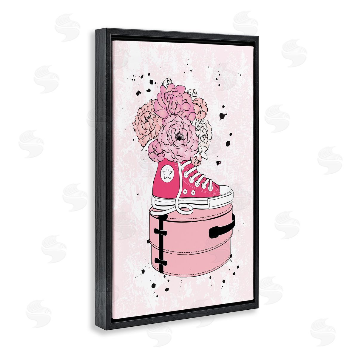 Pink Floral Sneaker Black Floating Frame Canvas Wall Art, Home Decor by Martina Pavlova