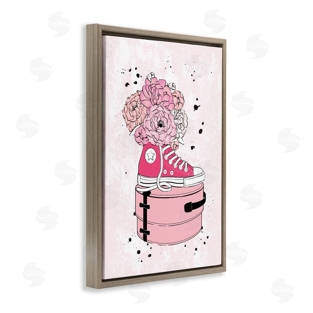 Pink Floral Sneaker Brown Floating Frame Canvas Wall Art, Home Decor by Martina Pavlova