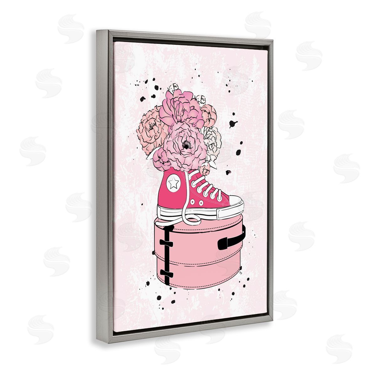 Pink Floral Sneaker Grey Floating Frame Canvas Wall Art, Home Decor by Martina Pavlova