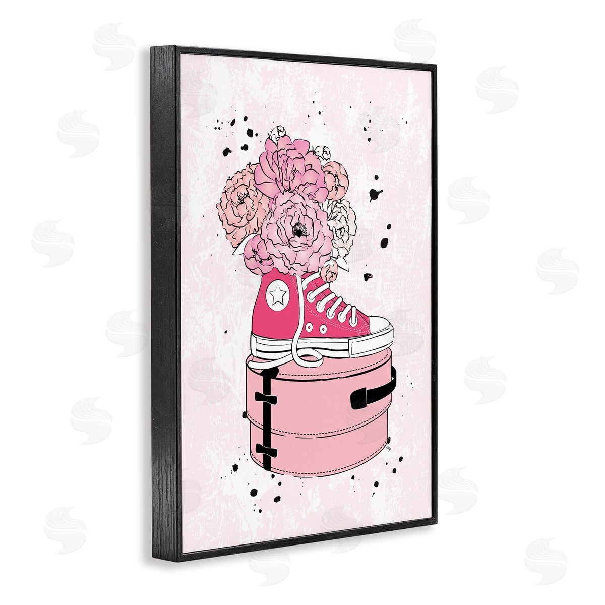 Pink Floral Sneaker Black Frame Print Wall Art, Home Decor by Martina Pavlova