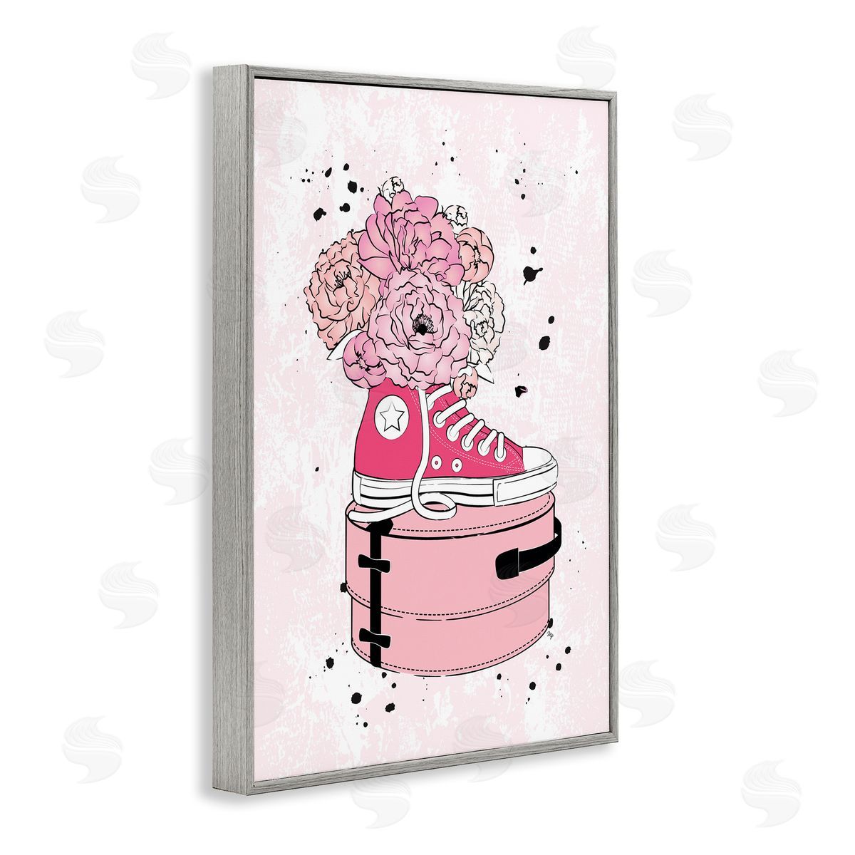 Pink Floral Sneaker Grey Frame Print Wall Art, Home Decor by Martina Pavlova