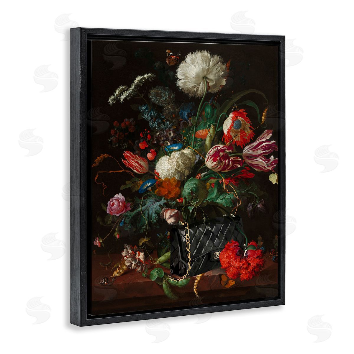 Vintage Bouquet with Purse Black Floating Frame Canvas Wall Art, Home Decor by Amelia Noyes