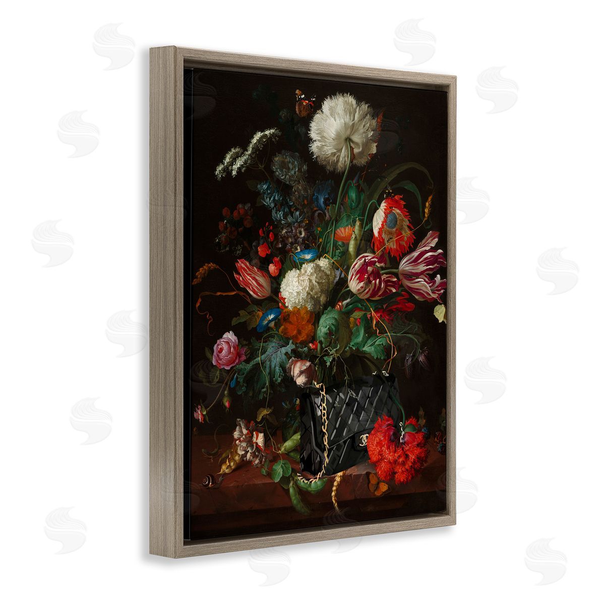 Vintage Bouquet with Purse Brown Floating Frame Canvas Wall Art, Home Decor by Amelia Noyes
