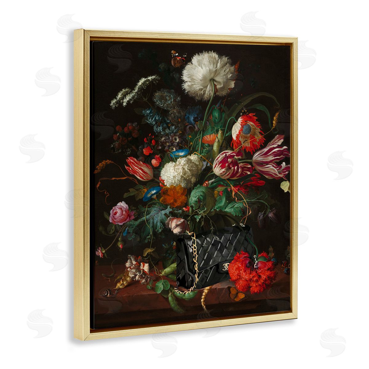 Vintage Bouquet with Purse Gold Floating Frame Canvas Wall Art, Home Decor by Amelia Noyes