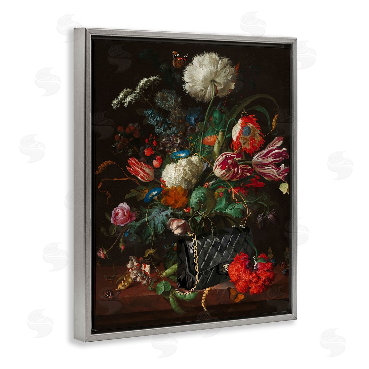 Vintage Bouquet with Purse Grey Floating Frame Canvas Wall Art, Home Decor by Amelia Noyes