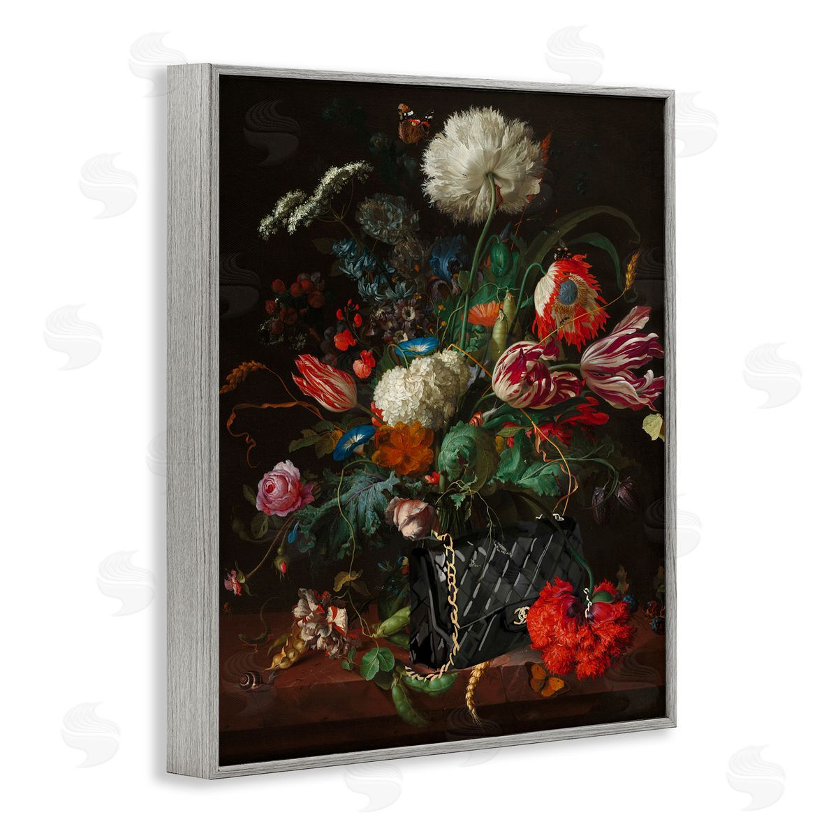 Vintage Bouquet with Purse Grey Frame Print Wall Art, Home Decor by Amelia Noyes