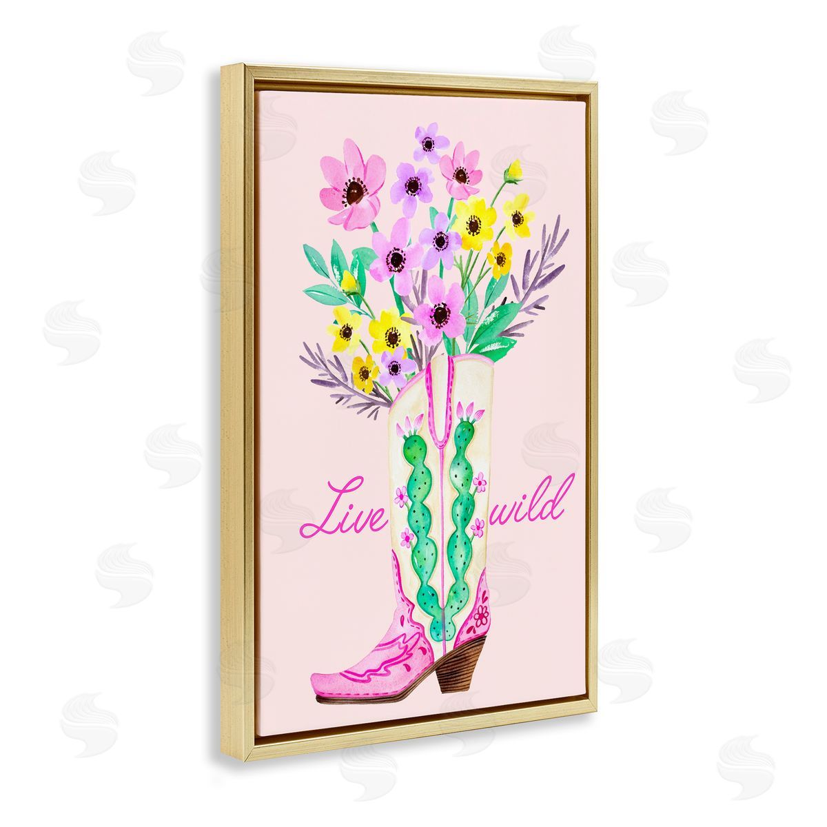 Live Wild Cowgirl Boot Gold Floating Frame Canvas Wall Art, Home Decor by Enya Todd