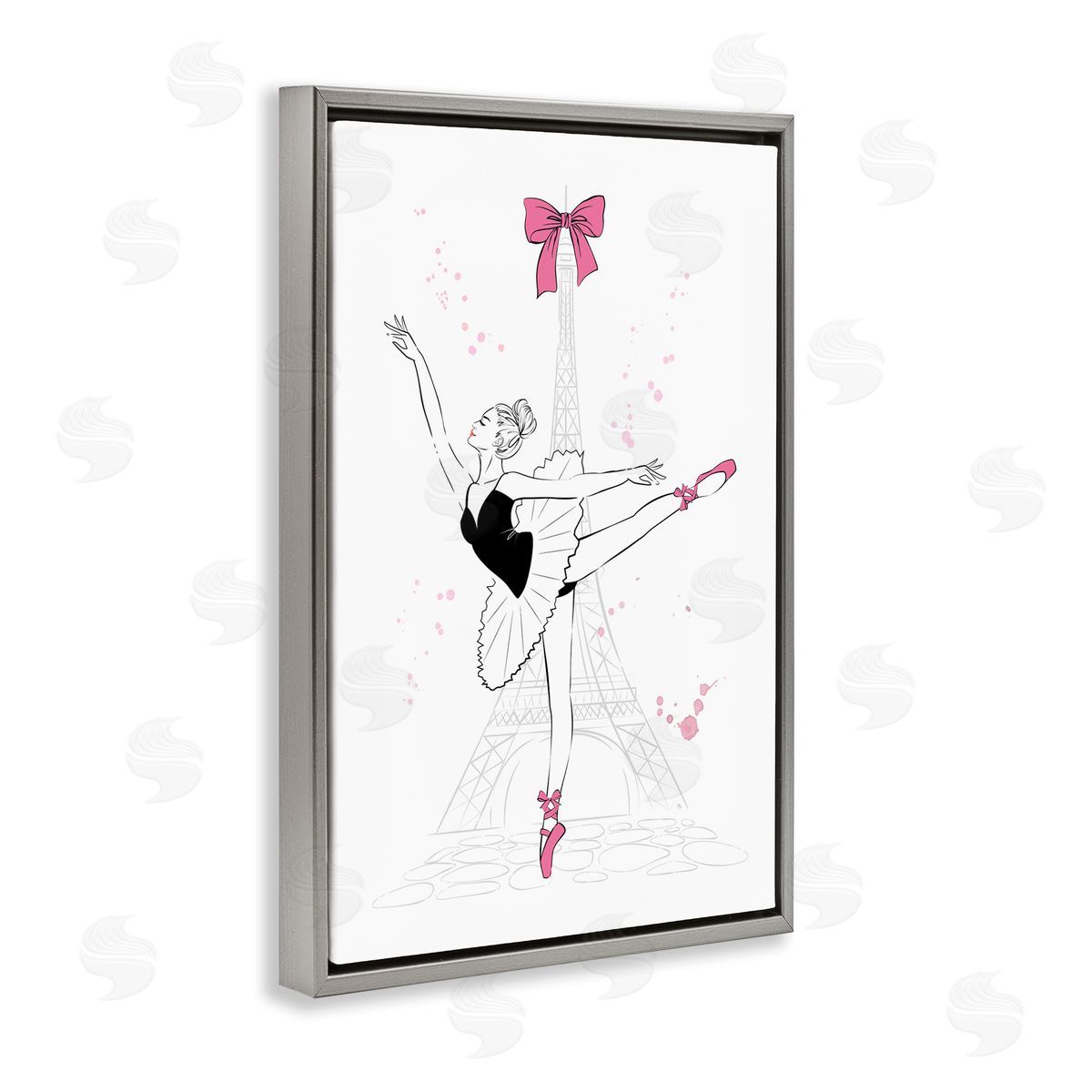 Ballerina and Eiffel Tower Grey Floating Frame Canvas Wall Art, Home Decor by Martina Pavlova