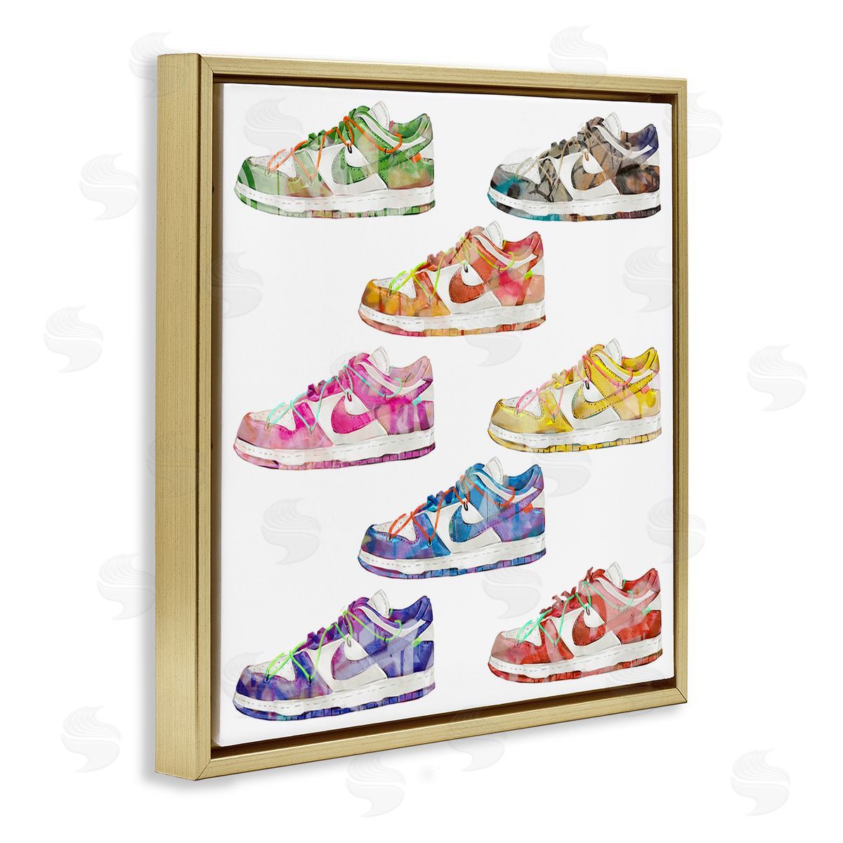 Modern Rainbow Sneakers Gold Floating Frame Canvas Wall Art, Home Decor by Ziwei Li