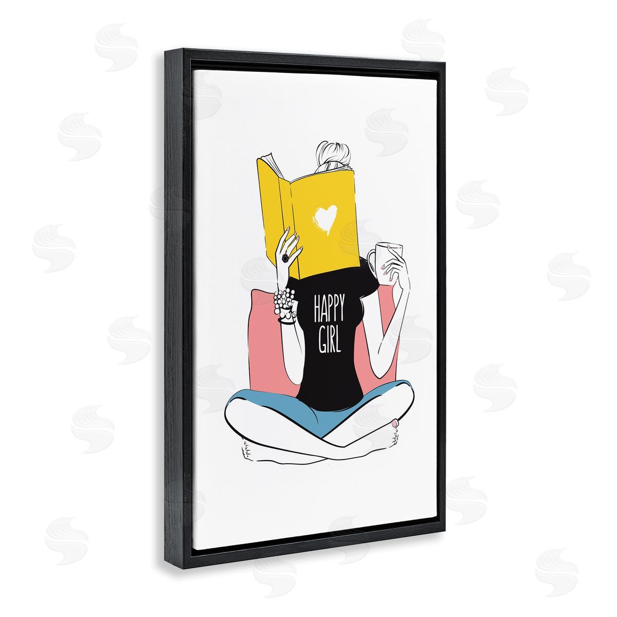 Happy Reader Girl Black Floating Frame Canvas Wall Art, Home Decor by Martina Pavlova