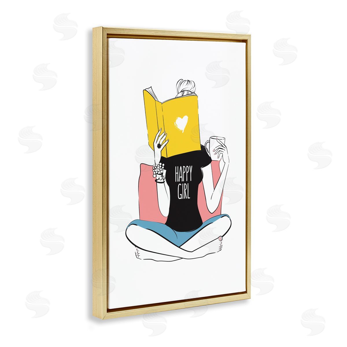 Happy Reader Girl Gold Floating Frame Canvas Wall Art, Home Decor by Martina Pavlova