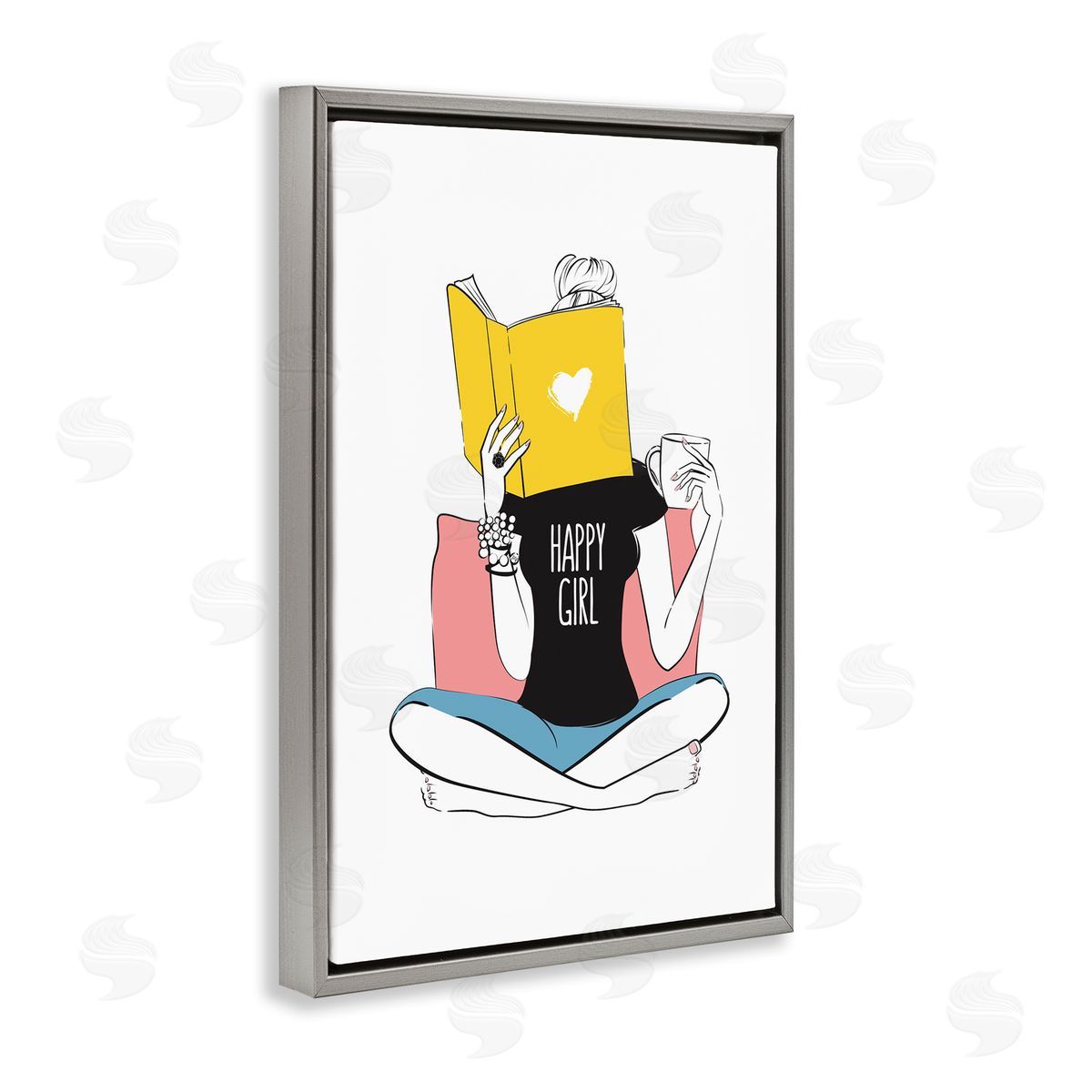 Happy Reader Girl Grey Floating Frame Canvas Wall Art, Home Decor by Martina Pavlova