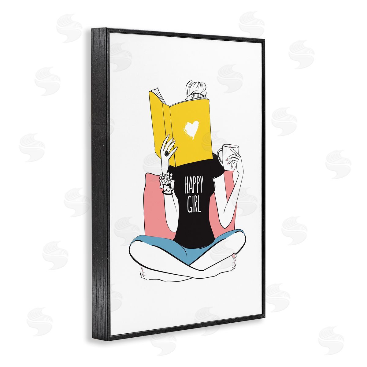 Happy Reader Girl Black Frame Print Wall Art, Home Decor by Martina Pavlova