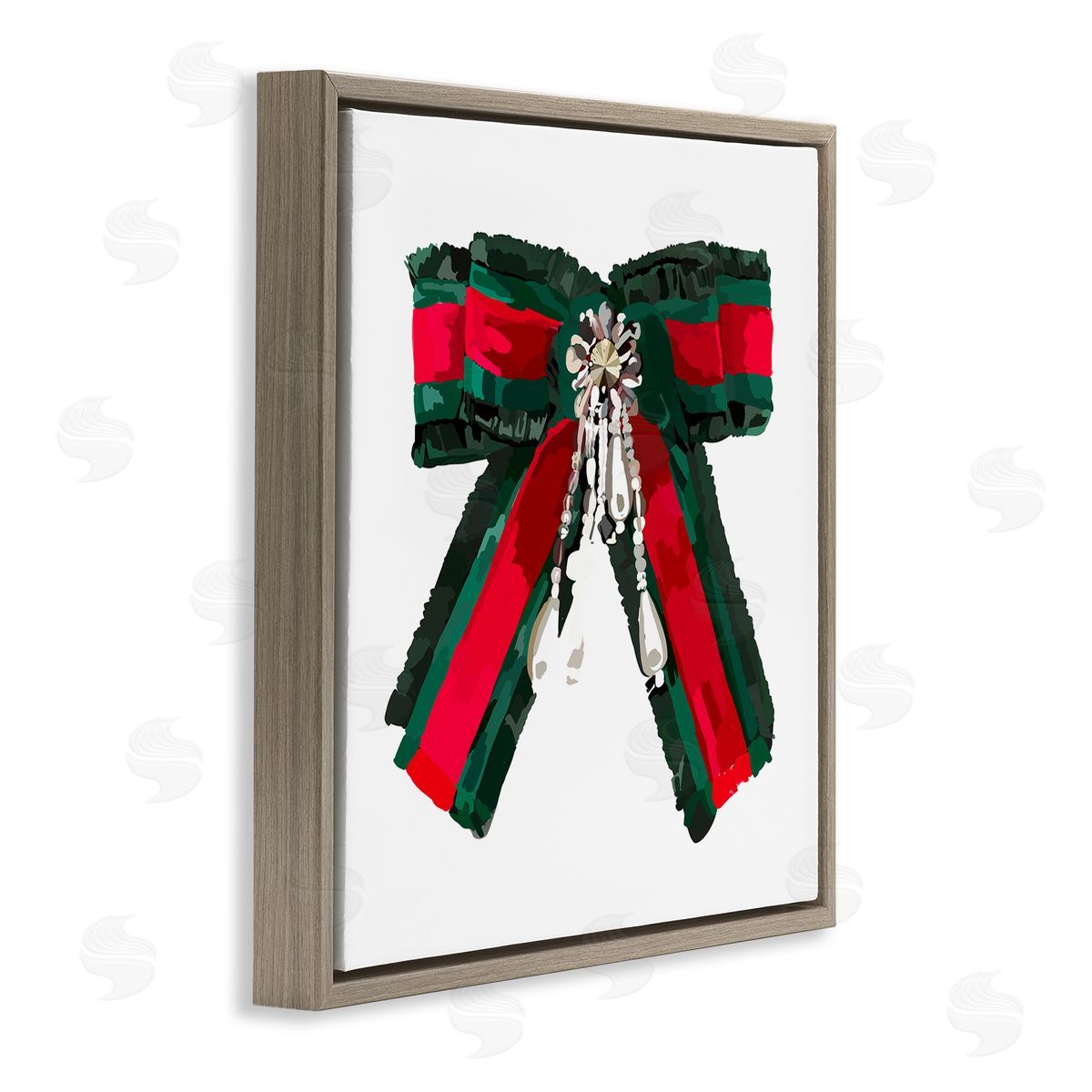 Amelia Noyes Green & Red Bow Brown Floating Frame Canvas Wall Art Print