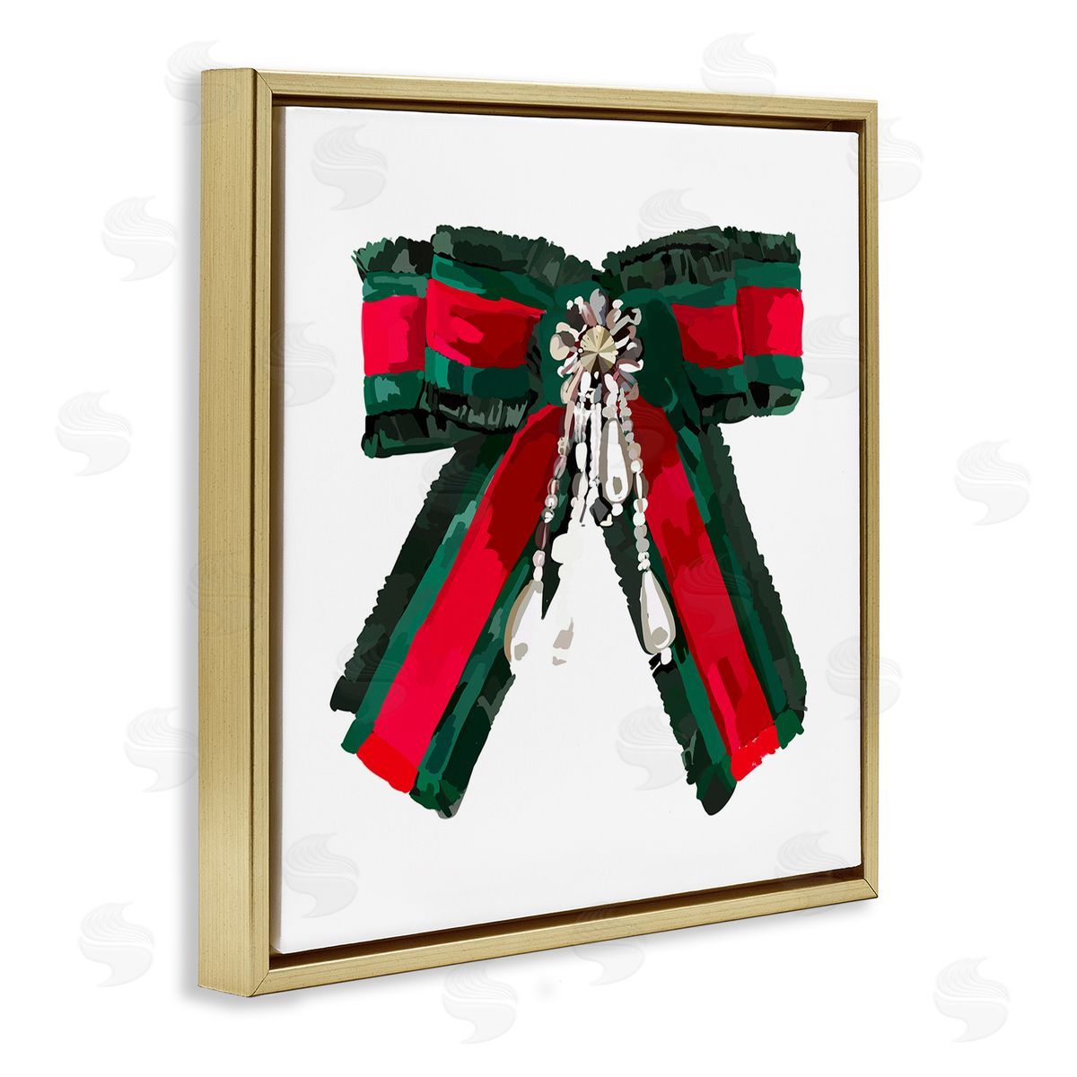 Amelia Noyes Green & Red Bow Gold Floating Frame Canvas Wall Art Print