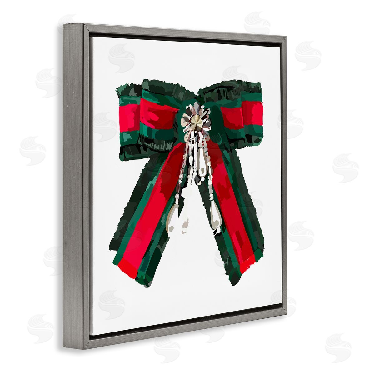 Amelia Noyes Green & Red Bow Gray Floating Frame Canvas Wall Art Print