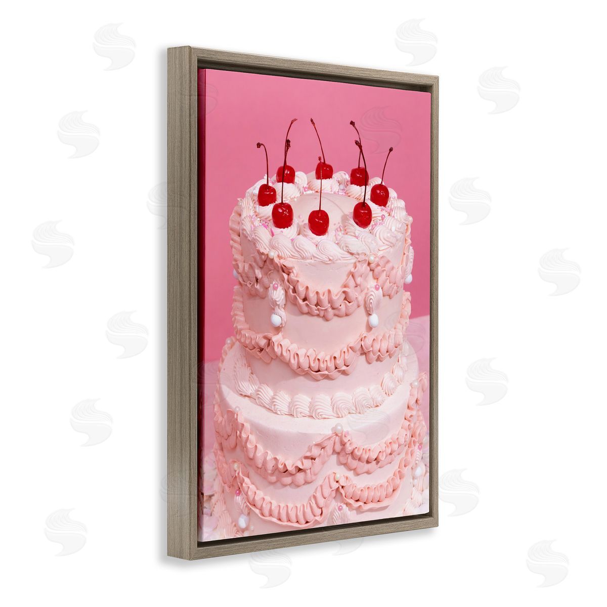 Pink Cherries Cake Brown Floating Frame Canvas Wall Art, Home Decor by LISH Creative