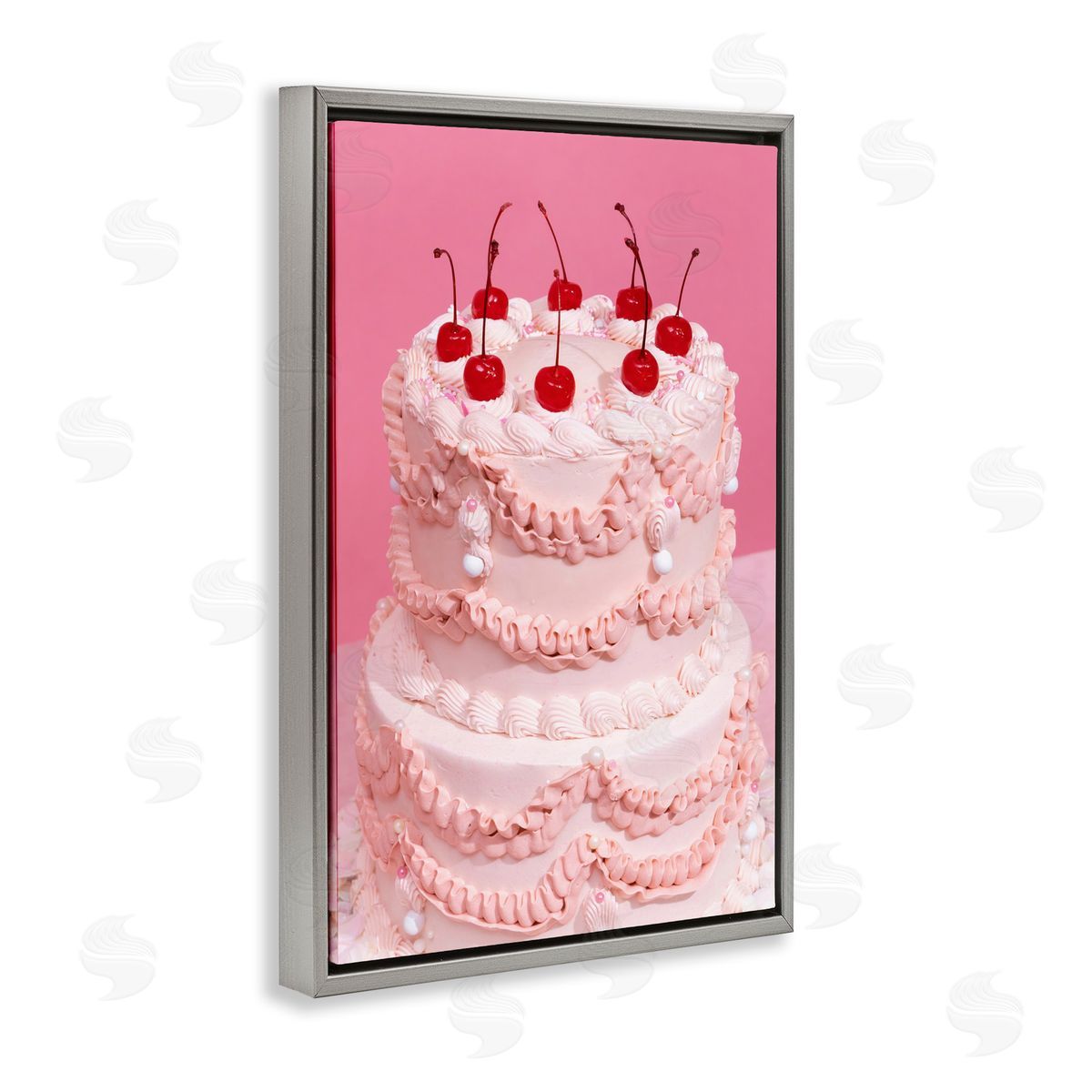 Pink Cherries Cake Grey Floating Frame Canvas Wall Art, Home Decor by LISH Creative