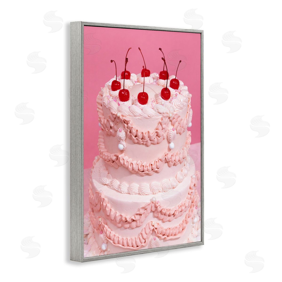 Pink Cherries Cake Grey Frame Print Wall Art, Home Decor by LISH Creative