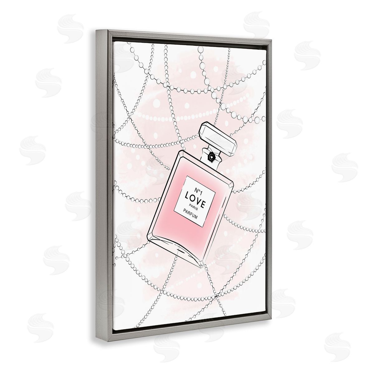 Love Perfume and Pearls Grey Floating Frame Canvas Wall Art, Home Decor by Martina Pavlova