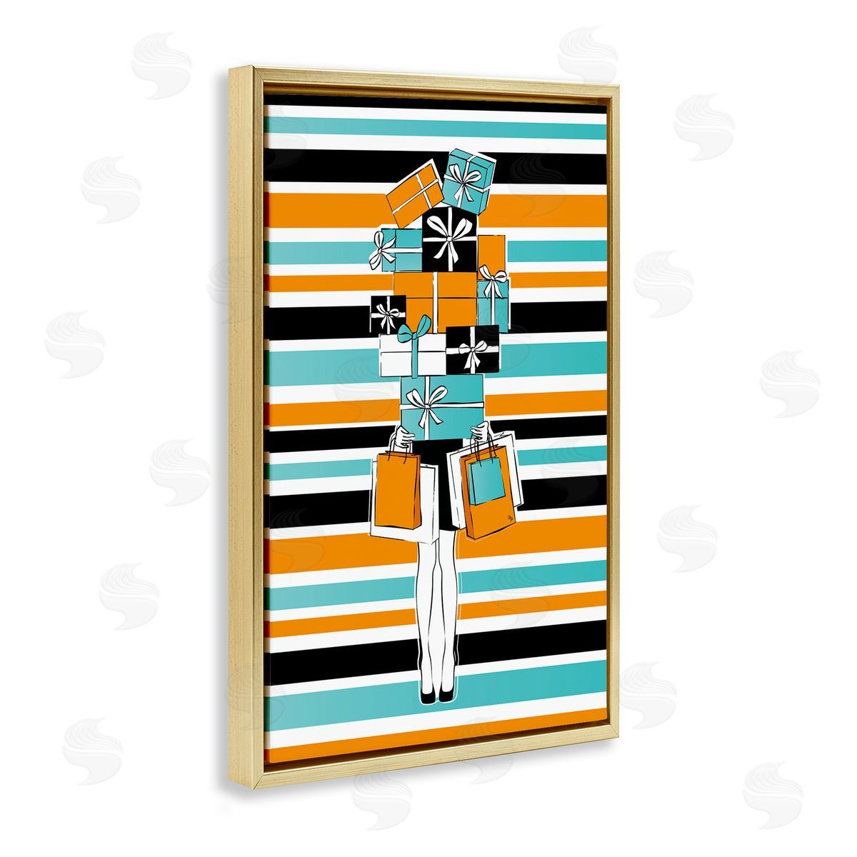 Stacked Shopping Boxes Gold Floating Frame Canvas Wall Art, Home Decor by Martina Pavlova