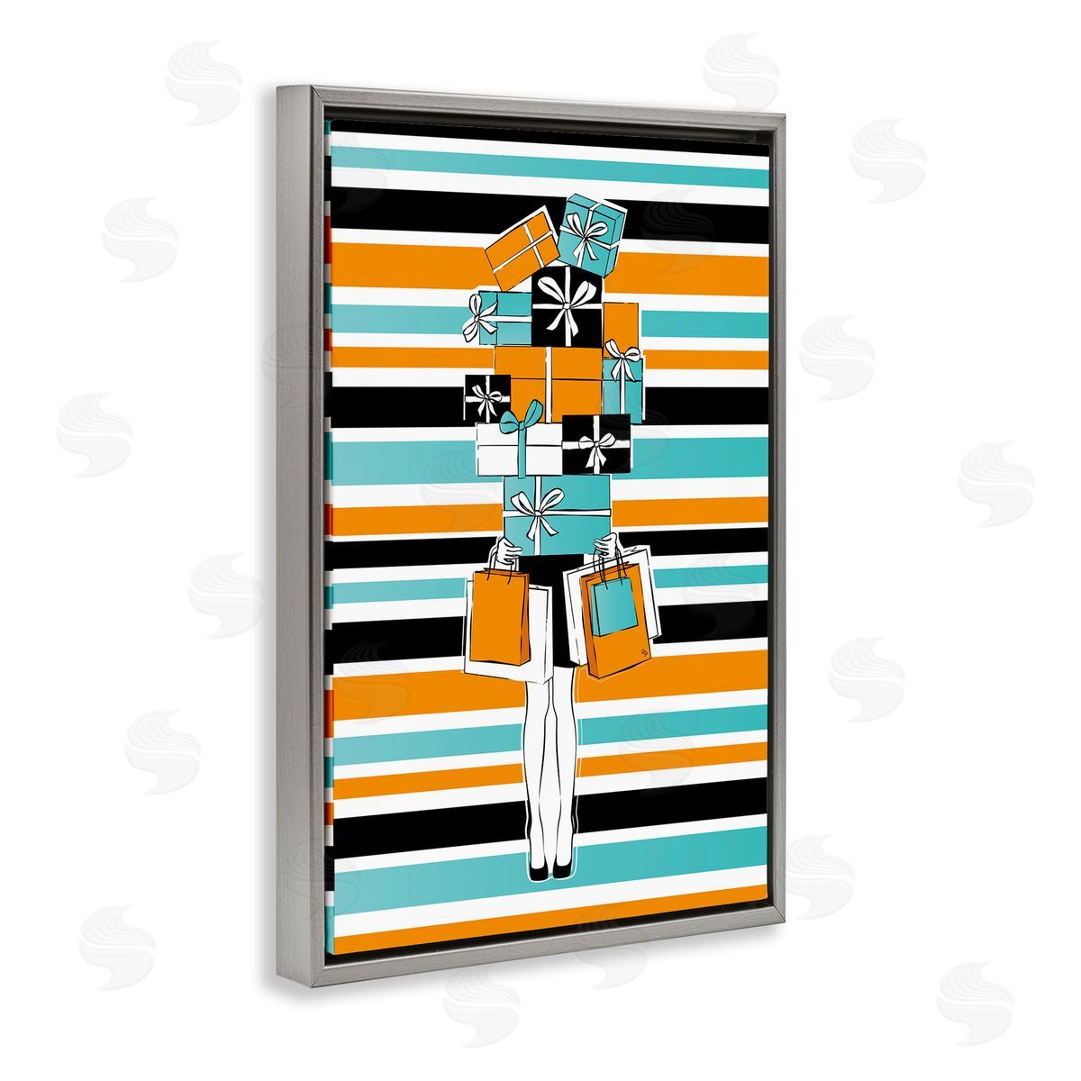 Stacked Shopping Boxes Grey Floating Frame Canvas Wall Art, Home Decor by Martina Pavlova