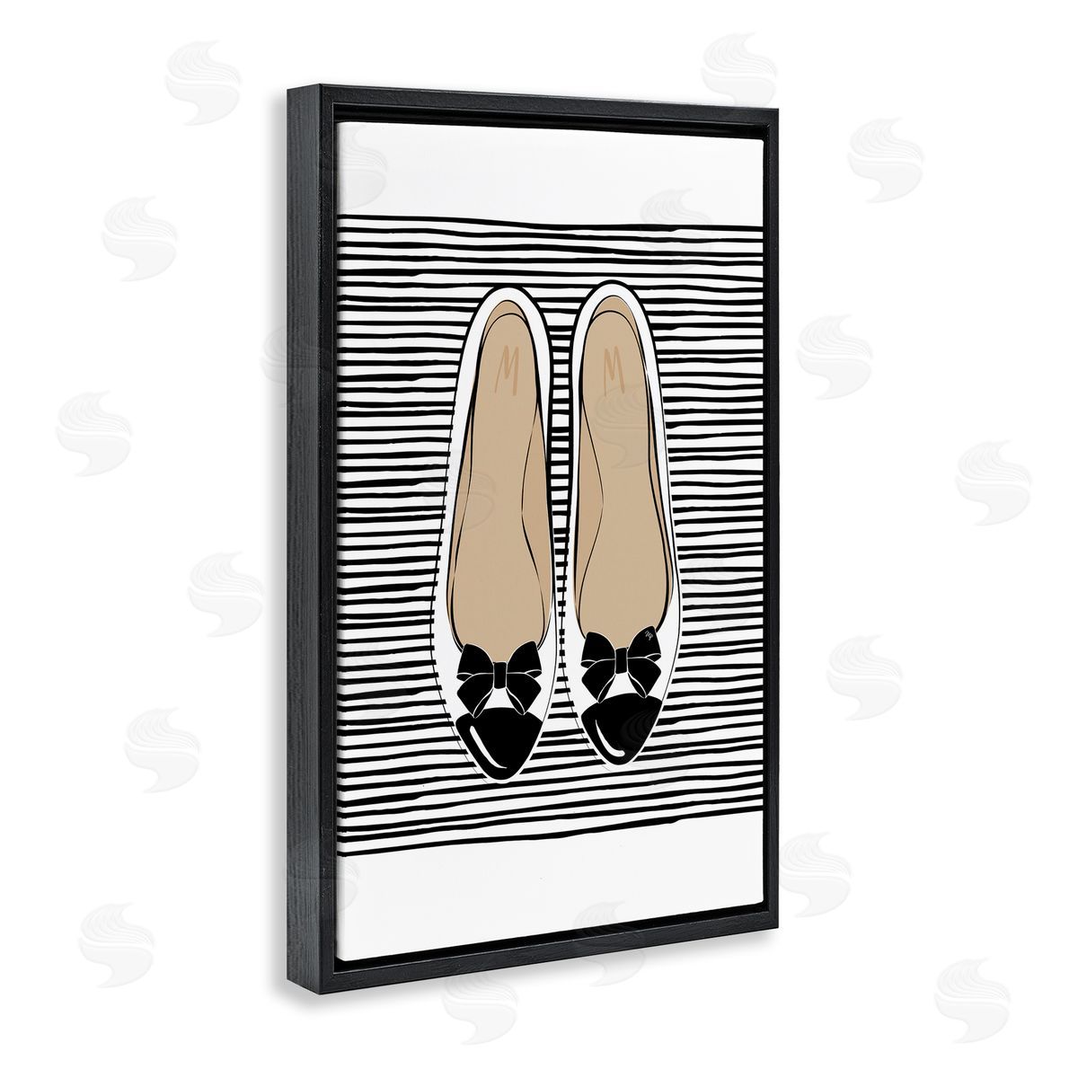 Bow Flats on Stripes Black Floating Frame Canvas Wall Art, Home Decor by Martina Pavlova