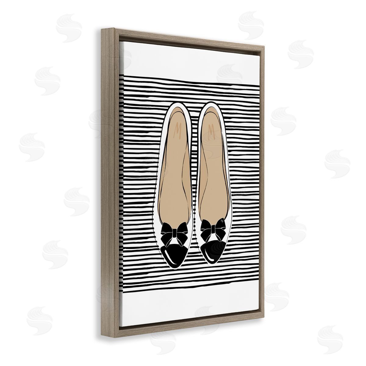 Bow Flats on Stripes Brown Floating Frame Canvas Wall Art, Home Decor by Martina Pavlova