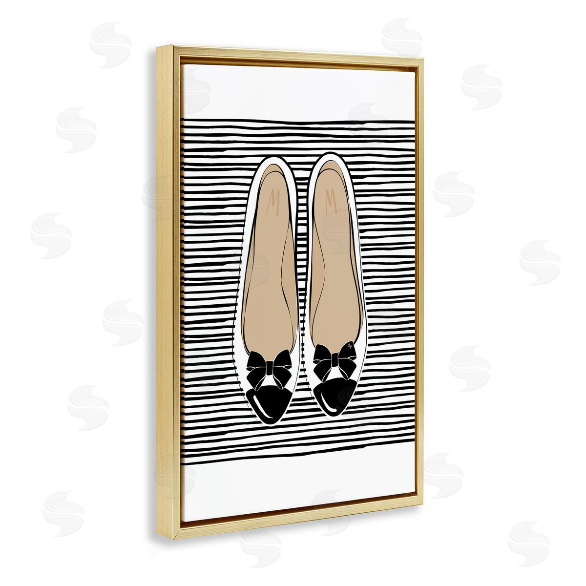Bow Flats on Stripes Gold Floating Frame Canvas Wall Art, Home Decor by Martina Pavlova