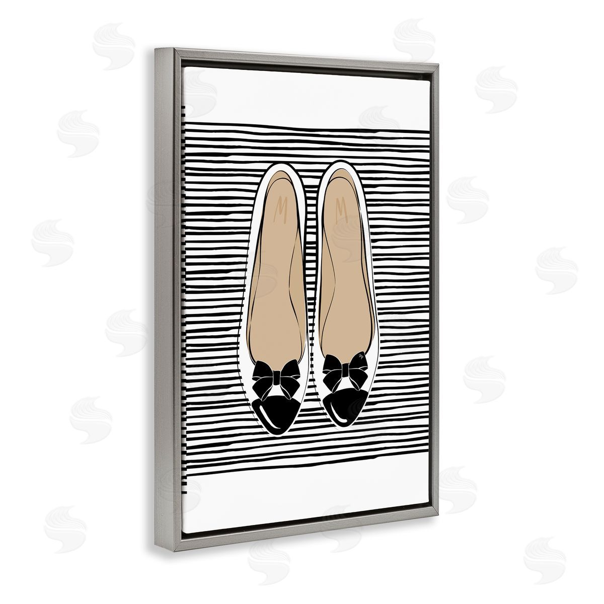 Bow Flats on Stripes Grey Floating Frame Canvas Wall Art, Home Decor by Martina Pavlova