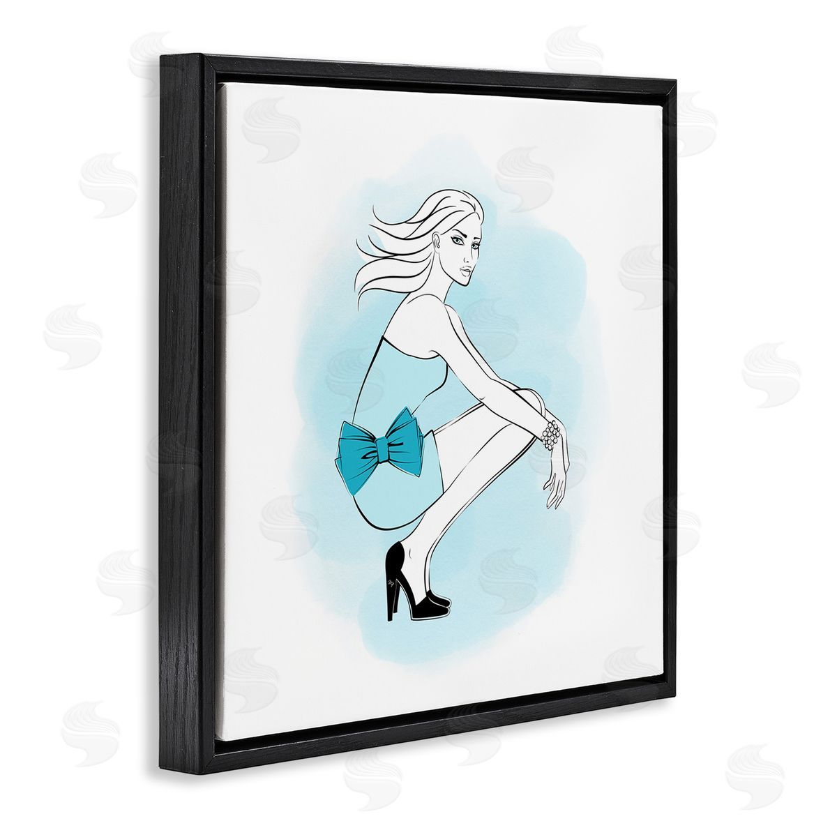 Girl with Blue Bow Black Floating Frame Canvas Wall Art, Home Decor by Martina Pavlova