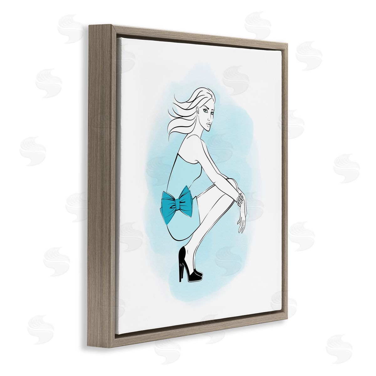 Girl with Blue Bow Brown Floating Frame Canvas Wall Art, Home Decor by Martina Pavlova