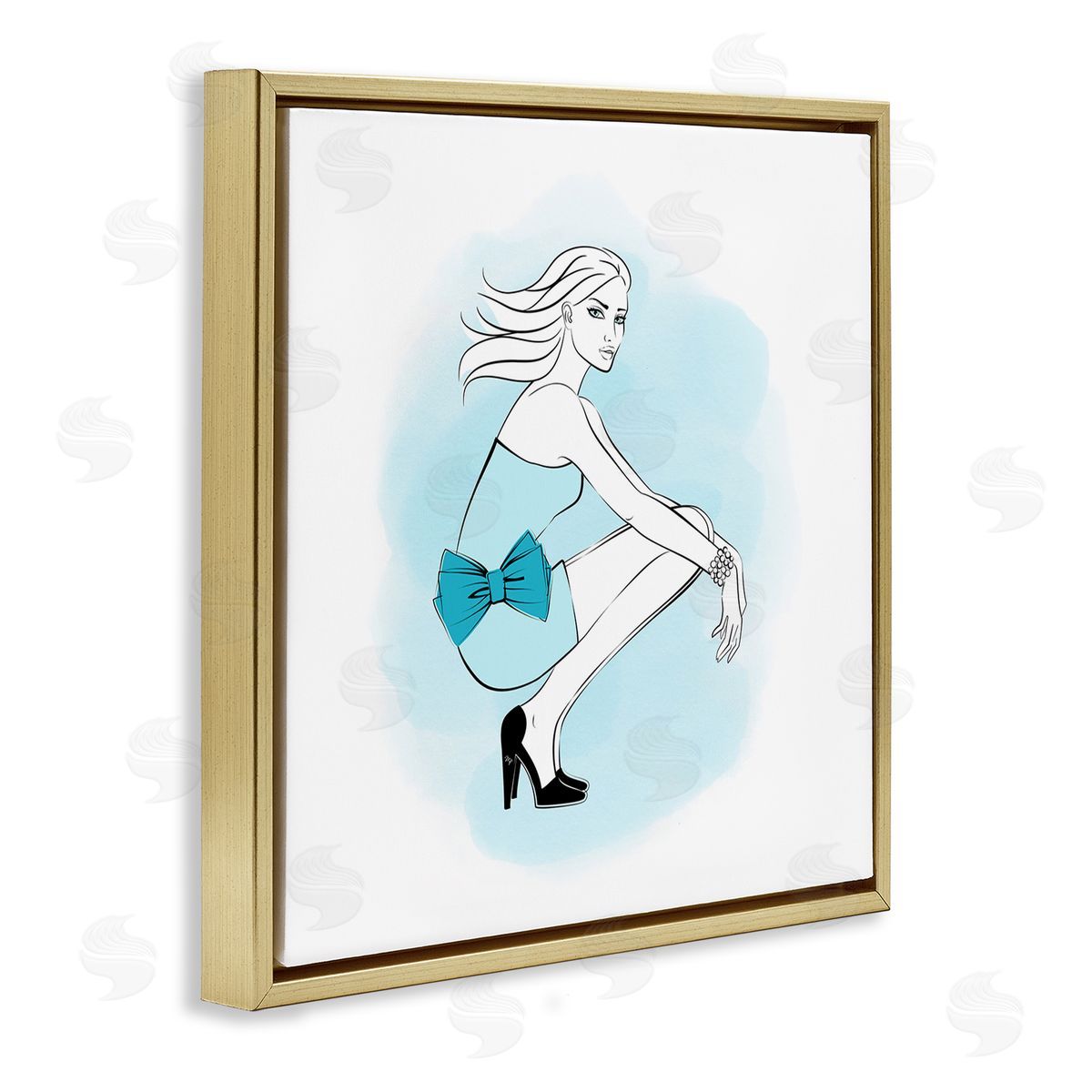 Girl with Blue Bow Gold Floating Frame Canvas Wall Art, Home Decor by Martina Pavlova