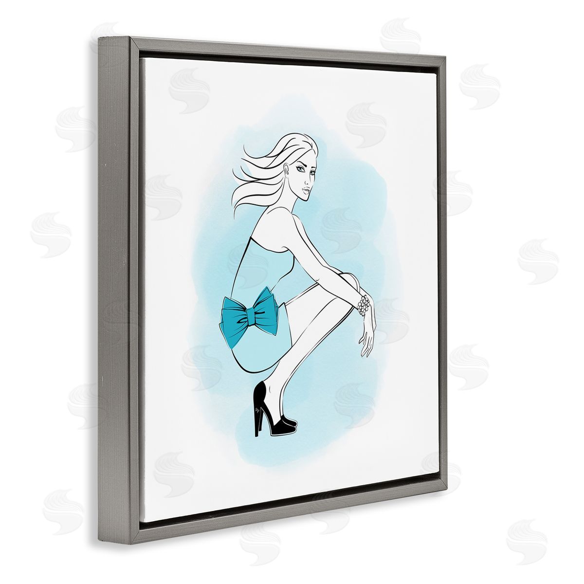 Girl with Blue Bow Grey Floating Frame Canvas Wall Art, Home Decor by Martina Pavlova